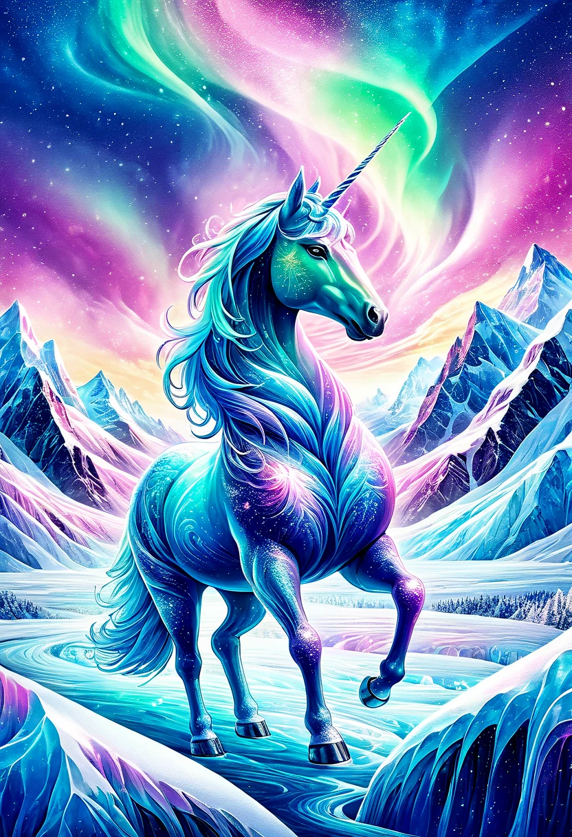 Snow fantasy illustration: 1. 2, Fantastic Nordic world, Mysterious, pop and fantasy, Curtain of aurora borealis all over the sky, Lonely pink unicorn standing on a transparent glacier, Glowing glaciers, Frozen earth, Life force, Dreamlike Beautiful world, Beautiful shimmering aurora, Energetic background, Masterpiece, Best Quality, Ultra high detailes, Intricate details, Intricate detail texture 