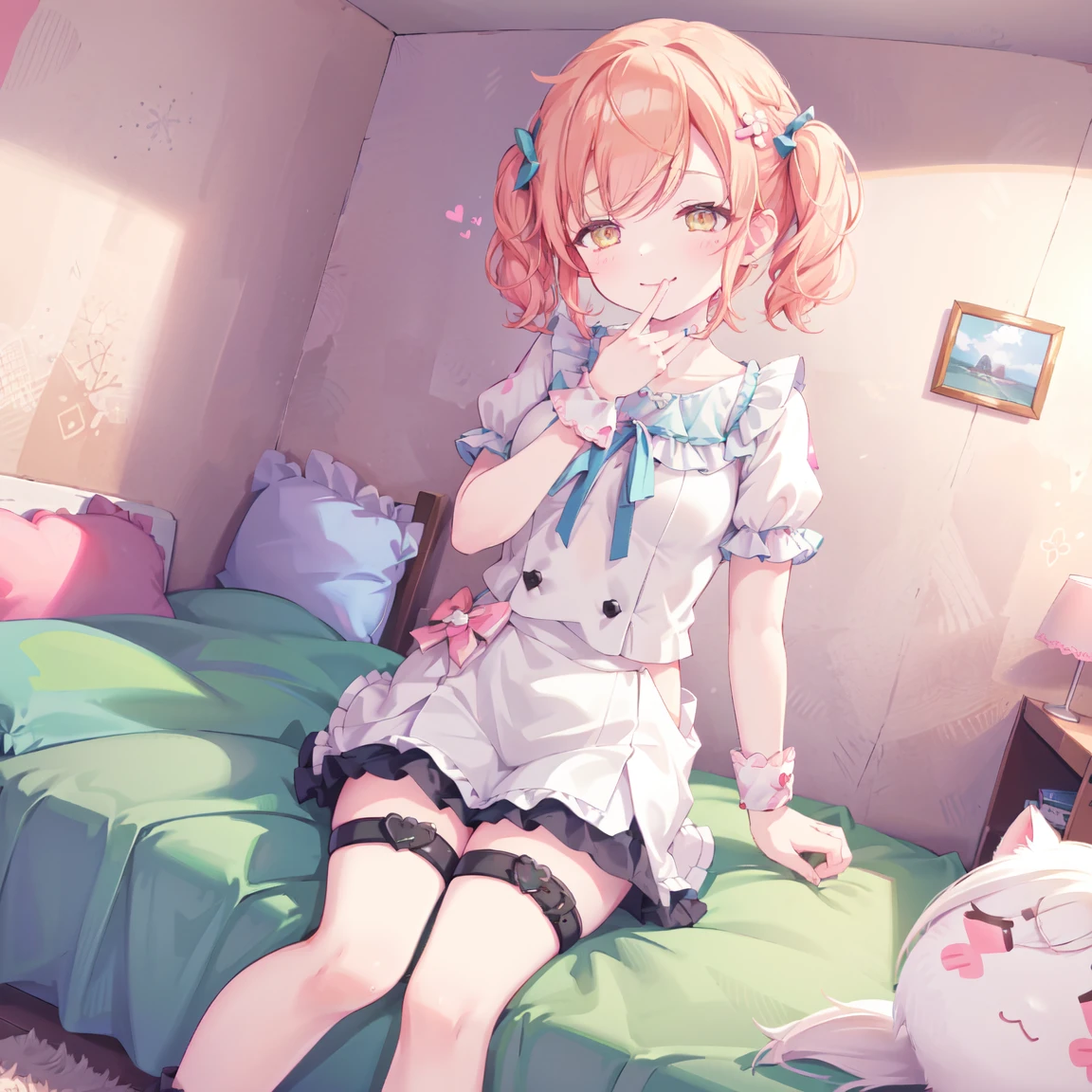 sunlight,  pastel colors ,  pastel colors , , blush, blush, thighs, pink room, happy:2.0, joyful, excited, pink room, pink wall, pink wallpaper, pillow, orange hair, yellow eyes, shy, kindergarten:2.0, aged down, nursery, pink room, bedroom, bed, sylveon:3.0, young girl:3.0, pink, Alone, bangs, blush, thick lips, heart:10.0, small breasts:50.0,  chubby:500.0, fat:160.0, ( pink kawaii room )),,((pink gothic room)),(((aroused, seductive smile, blunt bangs:100.0,  with bangs:100.0, sitting, arm under breasts, The march, heart item, small window))), smiling:50.0, chubby, lose-up,, very short hair, miniskirt:20.0, platform shoes, very short skirt, thigh strap 