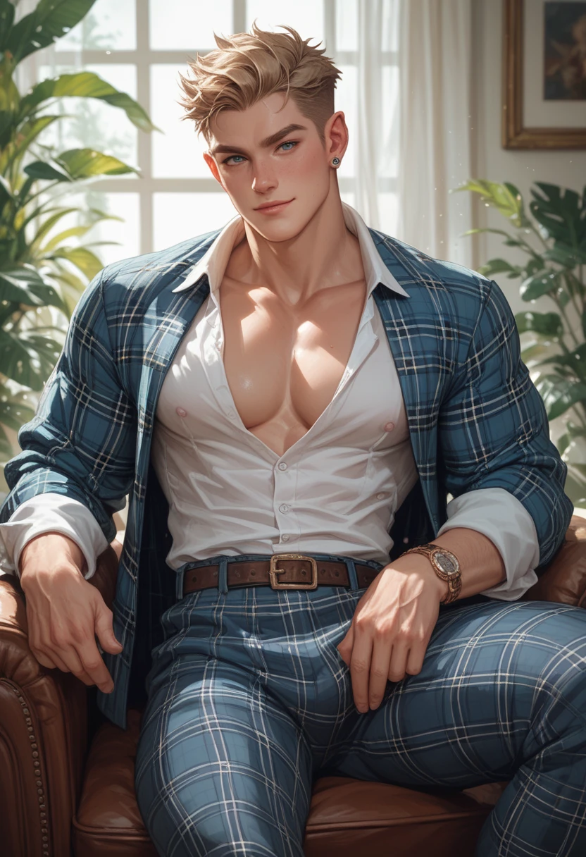 (absurderes, A high resolution, Ultra detailed, hdr), Masterpiece, Best quality, Portrait of a boy, Handsome boy with red eyes, Detailed face, Professional photo, The Alafed man is shirtless, Leaning comfortably，legs are open, (puffynipple(From below:1.1)), Focus on your audience,18 year old boy, Handsome boy, [ Firmly defined body ]，Light blue shirt open，Abs，chest muscle，short white pants，large bulge，white shoe，tulips，