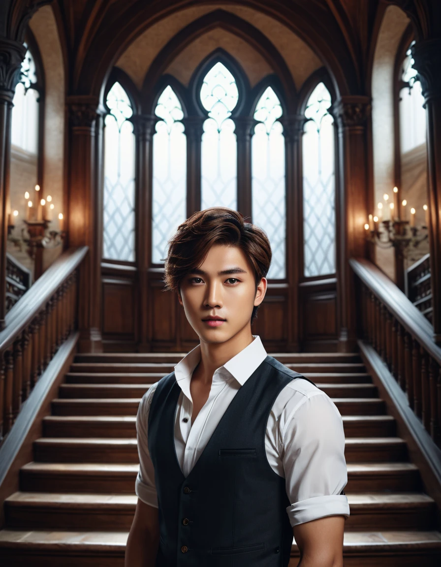  3D The image shows a Korean young man with brown eyes and short brown hair in a white shirt and dark vest standing in front of a majestic staircase.  The background is an interior with Gothic arches and large windows ,  through which light enters . The atmosphere resembles an ancient castle or palace game art matte painting ,  oil painting in high detail, hyperdetailed 3D matt painting , computer game scene ,wlop and andrei riabovitchev , charlie bowater и artgeem,  Edmund Blair and Charlie Bowter  , seductive cyberpunk dark fantasy,  High resolution commission , style of charlie bowater, Чарли Боуотер и Том Бэгшоу  realistic image , masterpiece,  artwork ,  hyperrealistic, rendering ,  realistic physical rendering ,  photorealistic rendering ,  highly detailed ,  high-quality render ,  architectural rendering ,  very realistic 3D render ,  realistic image 