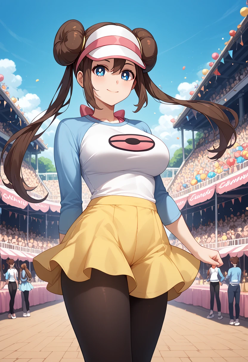 Perfect CG unity 8K UHD wallpaper, Perfect CG unity 8K UHD wallpaper, rosa, brown hair, double bun, doughnut hair bun, hair bun, blue eyes, hair between eyes, twintails, pantyhose, pantyhose under shorts, raglan sleeves, skirt, yellow skirt, white shirt, blue sleeves, long sleeves, visor cap, large breasts, outdoors, carnival, standing, 