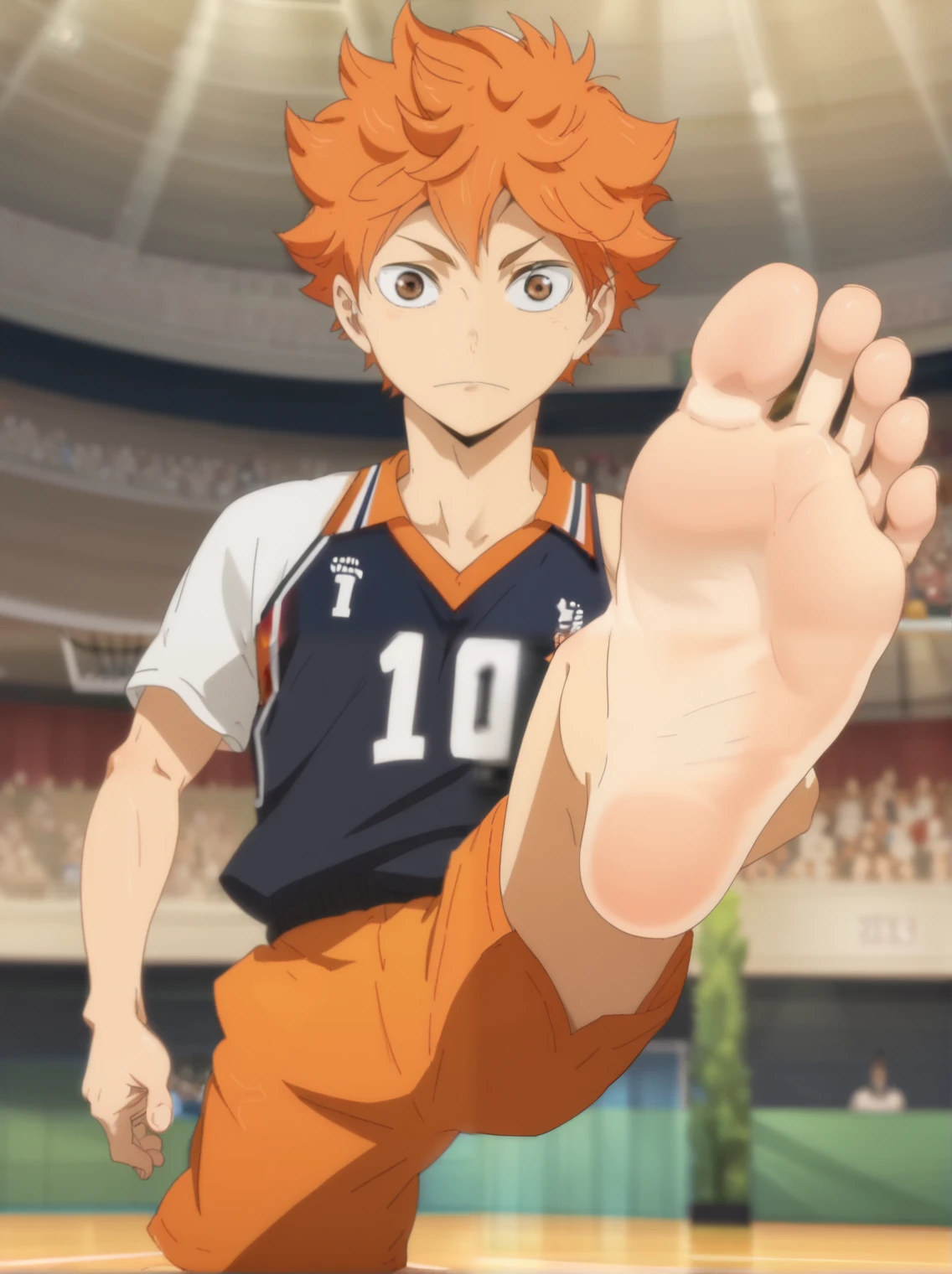 Score_9, score_8_up, source_anime, 1boy, Shoyo Hinata, big eyes, alone, looking at viewer, in basketball court, standing, lifting one leg to show his soles, cowboy shot, ANIME SCREENCAP, anime coloring, barefoot, perfect feet, anatomically correct, soles, low angle, focal length 35mm, each foot has five toes, front, symmetrical soles, foot focus, feet focus, orange hair