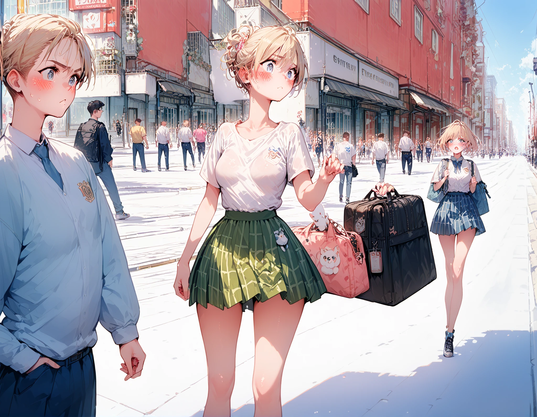 Main Street,Completely naked, blush, embarrassing expression, exhibitionist schoolgirl in the middle of a big city,In the middle of a big city,A large number of people々It has been sighted by,Completely naked,shame