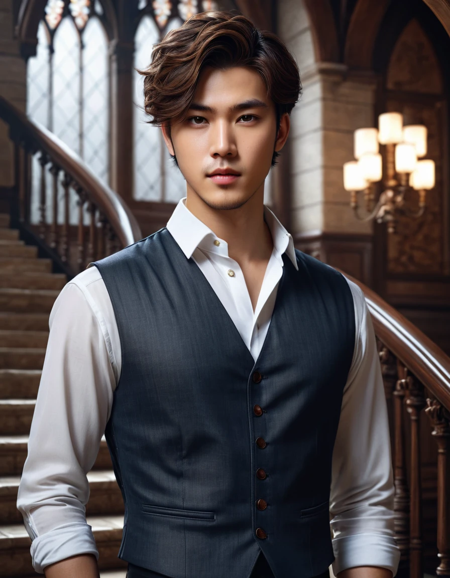  3D The image shows a Korean young man with brown eyes and short brown hair in a white shirt and dark vest standing in front of a majestic staircase.  The background is an interior with Gothic arches and large windows ,  through which light enters . The atmosphere resembles an ancient castle or palace ,  game art matte painting ,  oil painting in high detail, hyperdetailed 3D matt painting , computer game scene ,wlop and andrei riabovitchev , charlie bowater и artgeem,  Edmund Blair and Charlie Bowter  , seductive cyberpunk dark fantasy,  High resolution commission , style of charlie bowater, Чарли Боуотер и Том Бэгшоу  realistic image , masterpiece,  artwork ,  hyperrealistic, rendering ,  realistic physical rendering , hyper  realistic illustration,  realistic illustration, photorealistic detail  , hypper  realistic illustration, extreme realistic detail, photorealistic detail  ed picture, with unreal engine render concept art , ), Ultra-подробно and beautiful face,(  Gentle facial expression  :1.1), translucent white skin ,( realistic skin texture:1.1), , Bold design  , art design  ,красивый and подробно pattern,  detailed fabric texture ,  ((подробно backgroun профессиональная величественная масляная  realistic image , masterpiece,  artwork ,  hyperrealistic, rendering ,  realistic physical rendering ,  photorealistic rendering ,  highly detailed ,  high-quality render ,  architectural rendering ,  very realistic 3D render ,  realistic image ,