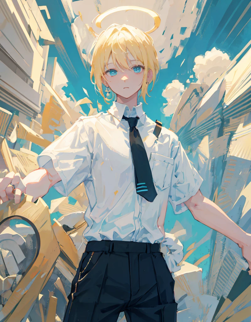 boy, blond,  medium length hair , wearing a short-sleeved white shirt tucked into black pants, Without a tie, the collar is unfastened , turquoise eyes, small ring earrings, stands straight