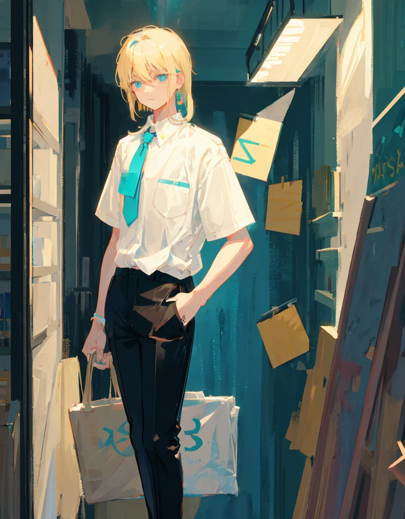 boy , blond,  medium length hair , wearing a short-sleeved white shirt tucked into black pants, Without a tie, the collar is unfastened , turquoise eyes, small ring earrings, stands straight 