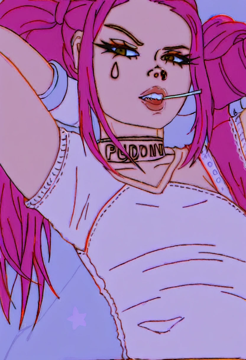 Hyper colored hair,colored jacket,big nipples,sexy pantie,looking up,tongue out,cum in mouth