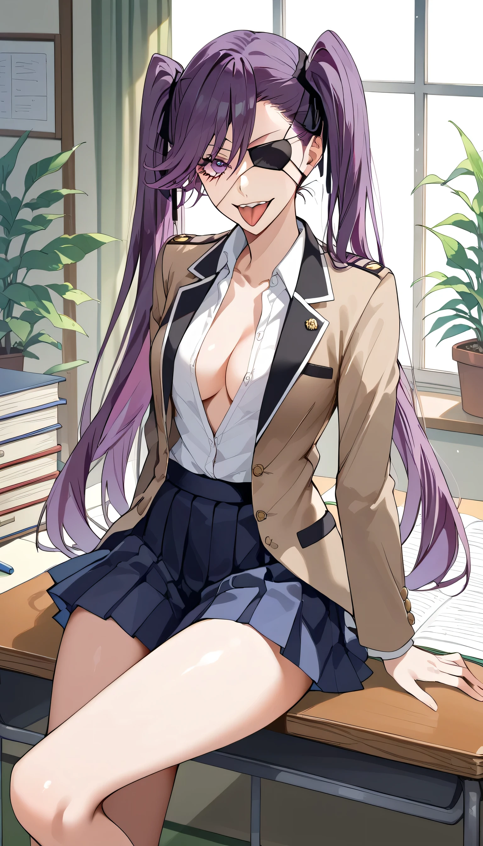 Eye patch、 M-shaped leg opening、Open crotch to see underpants 、white eye patch 、 score_9, score_8_up, score_7_up, score_6_up,4K, source_anime, alone, 1 woman, saito_Furofushi , A woman in her thirties、 Yandere, Yandere、 Eerie Smile , Crazy Laughter,、A woman around 30 years old、 pleated skirt、 held back laughter from the edge of my mouth, Watching viewers on the White Eye Patch、 M-shaped leg opening、 sitting at a desk 、 crotch、 open legs、 Sitting at Desk 、 brown blazerを羽織る、 purple hair、Long sleeve shirt、 twin tails that extend to the waist、 open legs so open that you can see uniform 、Open your chest、uniform、School corridor、A shirt with an open chest 、gal、 Yandere, Yandere、 loose uniform 、Touch your hair with your right hand、My right hand is touching my hair 、 Eerie Smile , Crazy Laughter, held back laughter from the edge of my mouth, brown blazer、Aggressive face、 pleated skirt、 Yankee、Sit on a desk、 wicked laugh、 pull out the velcro from the side of the mouth 、 slacken 、 pants worn loosely、Smaller breasts、Beautiful breasts、 I'm sticking my tongue out from the side of my mouth