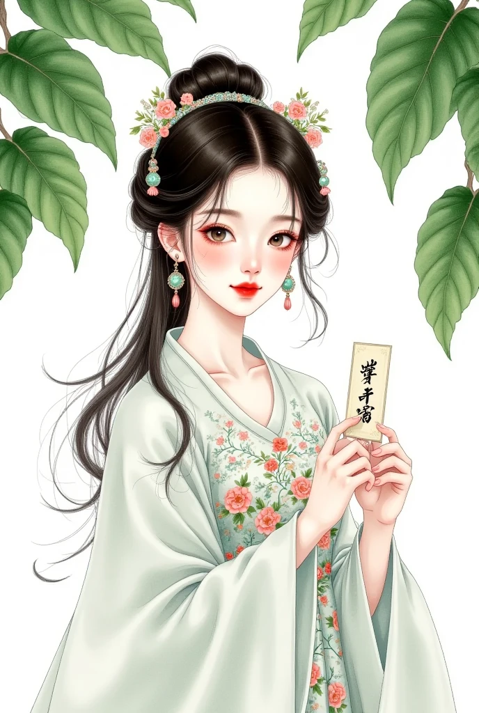  a watercolor painting ： beautiful Hanfu girl，Hosta，Card issuance，portrait，antiquity，Costume，