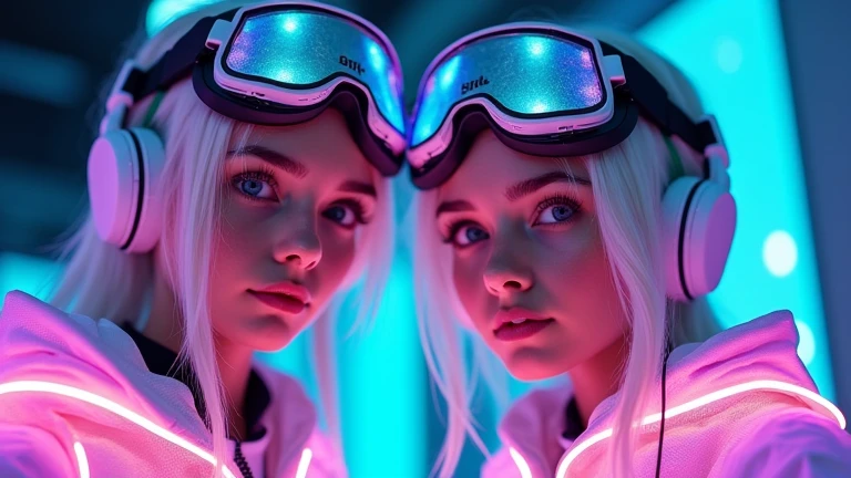 low angle full shot, masterpiece,  アンドロイドロボットgirls in vivid neon　with white hair, looking at the camera, in glow iridescent Translucent armors and headsets, goggles, ultra detailed, 8K,