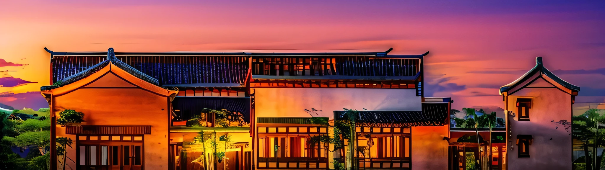 Ancient building façade，Ancient architectural style，There is a sunset，There are sunsets ，There are bamboo forests