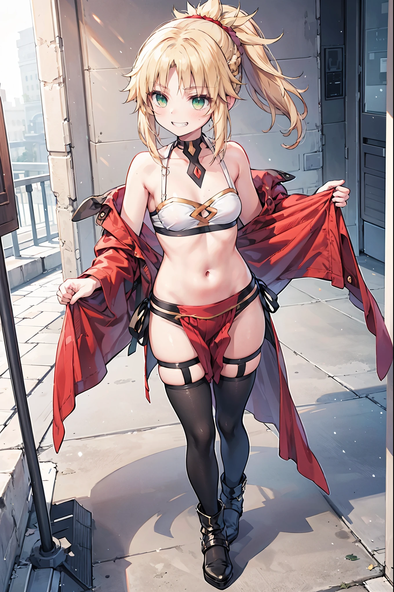 best quality, integrated scenery, integrated background, extremely delicate and beautiful, meticulous details, good composition, cute face, perfect face, perfect hands ,Masterpiece, Best Quality, illustration, city street, 1girl, Mordred \(fate\), collarbone, Detailed blond hair ponytail braid, green eyes,, White tubetop ,pelvic_curtain,navel,thigh-high,grin,(covered_nipples:0.6),skiny,big_smile,solo,boots,thigh-highs,groin