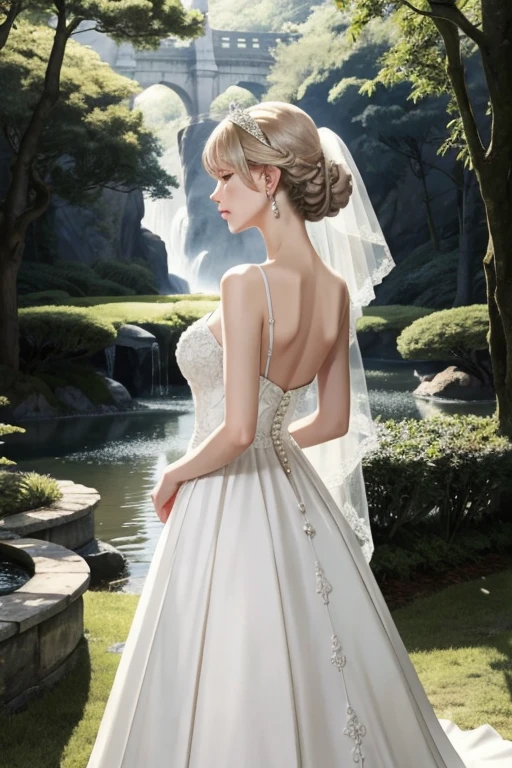 The image is、 She's wearing a white bridal gown with intricate beading and lace details {x} It depicts a young woman with blond hair wrapped up in an elegant updo,  adorned with a veil cascading down her back .  she says 、 This adds sophistication and romantic vibes to her look , this is彼女の外観に洗練さとロマンチックな雰囲気を加えます.  The image captures a moment of quiet beauty and elegance ,  shoulders and upper body .

 The woman's makeup emphasizes natural , Still dramatic style ,  The dress features a deep neckline and thin straps .  her lips are subtly colored , whole的に柔らかく幻想的なルックを補完する.

 The background of the image is softly blurred ,  alludes to a lush natural environment ,  probably a garden or forest , this is、 enhances the quiet, dreamy vibe of the .  The lighting is filled with warm and soft , Casting a gentle shadow、 portrait .

whole, The image is静かな美しさと優雅さの瞬間をとらえています,  evoking eternal beauty and compassion .