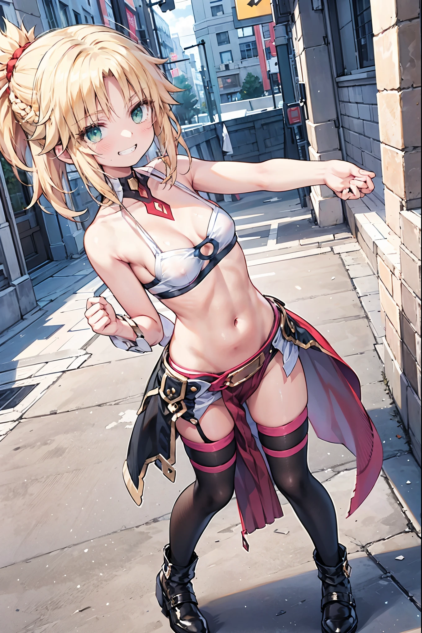 best quality, integrated scenery, integrated background, extremely delicate and beautiful, meticulous details, good composition, cute face, perfect face, perfect hands ,Masterpiece, Best Quality, illustration, city street, 1girl, Mordred \(fate\), collarbone, Detailed blond hair ponytail braid, green eyes,, White tubetop ,pelvic_curtain,navel,thigh-high,grin,(covered_nipples:0.6),skiny,big_smile,solo,boots,thigh-highs,groin