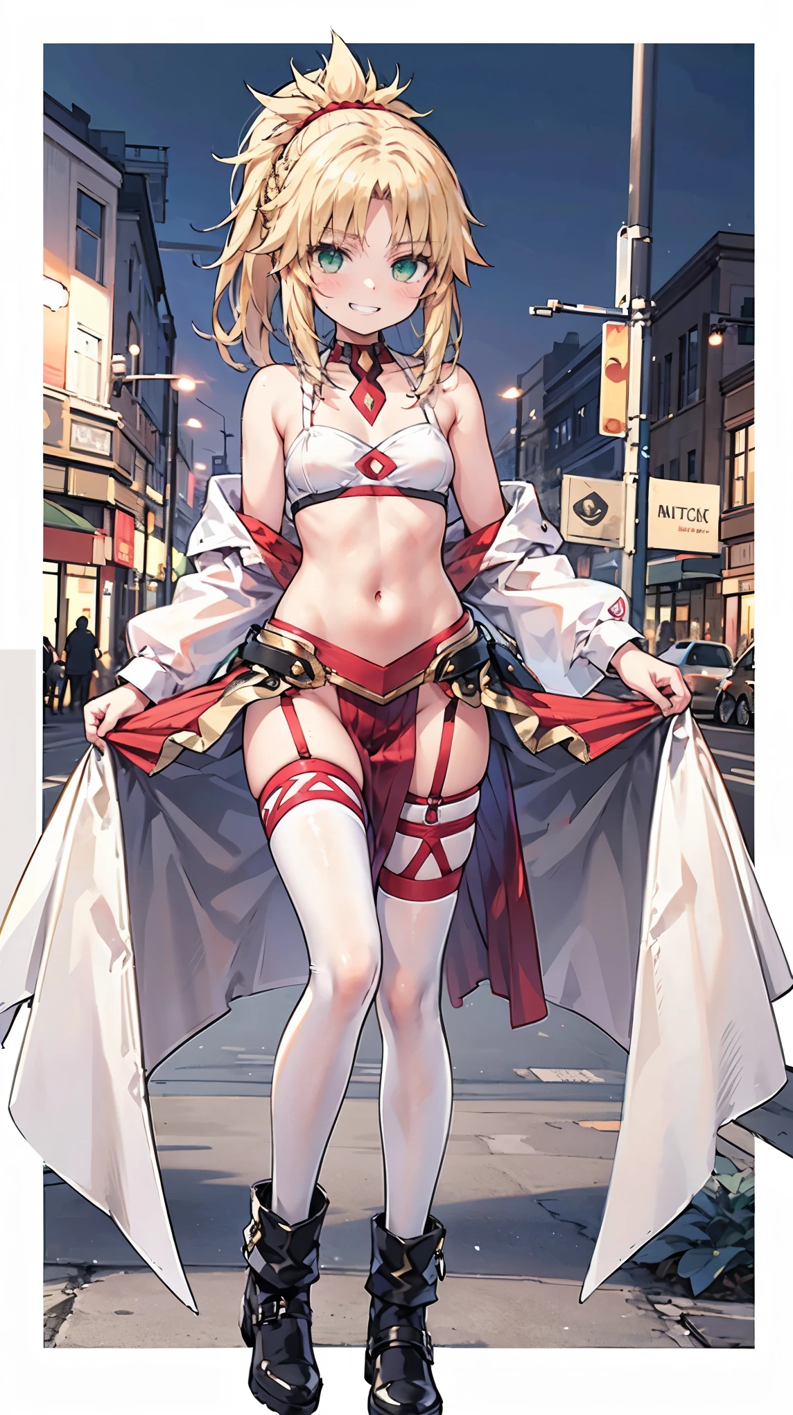 best quality, integrated scenery, integrated background, extremely delicate and beautiful, meticulous details, good composition, cute face, perfect face, perfect hands ,Masterpiece, Best Quality, illustration, city street, 1girl, Mordred \(fate\), collarbone, Detailed blond hair ponytail braid, green eyes,, White tubetop ,pelvic_curtain,navel,thigh-high,grin,(covered_nipples:0.6),skiny,big_smile,solo,boots,thigh-highs,groin