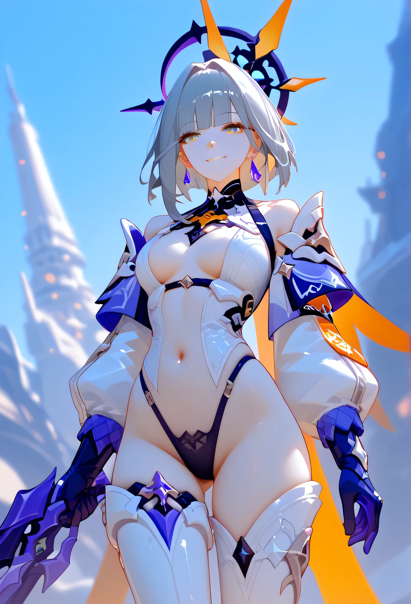 quality\(8K,Extremely detailed CG unit wallpaper, masterpiece,high resolution,top-quality,top-quality real texture skin,Surrealism,提high resolution,RAW photos,Best quality,Very detailed,,light,Ray Tracing,Golden Ratio\),Mechanical Girl,Doll girl,Glowing eyes,Doll eyes,matriarchal,braid,Long hair,bandeau outfit,Off-shoulder dress,Strapless dress style,cute,gentle,gentle,kindliness,Slender figure,Close-up above the waist,Big breasts,Big Tits,belt,机械belt,Tights,Tights,宝石belt,宝石belt,White skin,White underwear,袍子front swing,front swing,围裙front swing,Gradient over-the-knee socks,Nude Apron,Rainbow gradient color,Gradient color arm guard,Rainbow gradient sleeves,Correct human anatomy,Correct human body structure,Correct palm structure