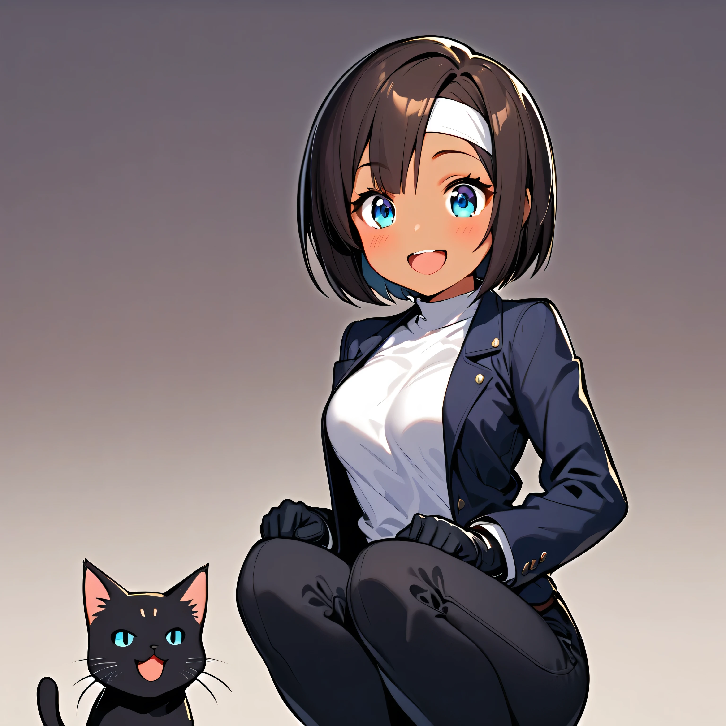 cute girl and cat . shortcuts, dark haired, Dark Skin, blue eyes, (( ROLLED BLACK JACKET )), gloves, white t-shirt, ( white headband to tie the bust ), black pants , long boots, Brown belt, squat, expensive, Oblique Eyes , open her mouth ,smile