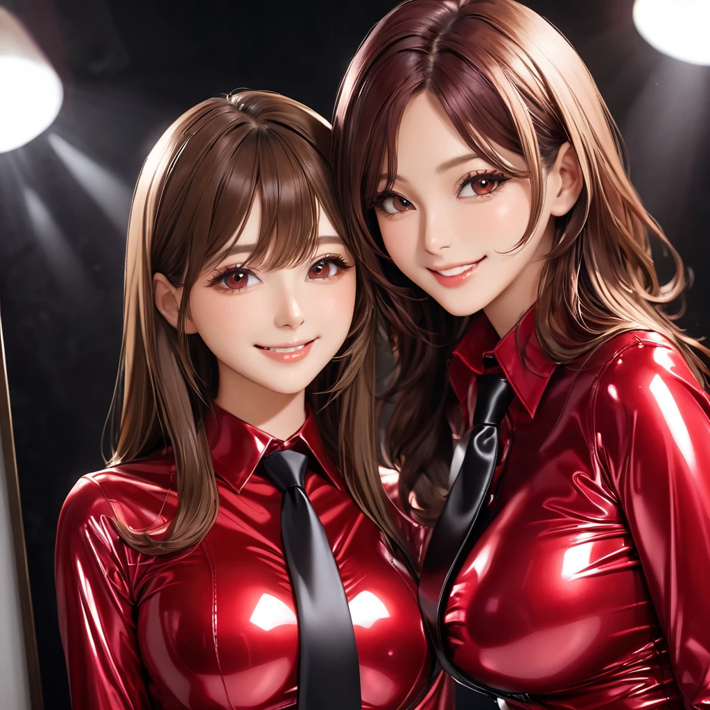 2 girls buttoned in extremely tight shiny dark red latex blouse,Necktie, high resolution ,  masterpiece, volumizing hair, Pointed hair ,  brown hair , Breasts, smile, Lens reflection, Reflected light, Are there , 