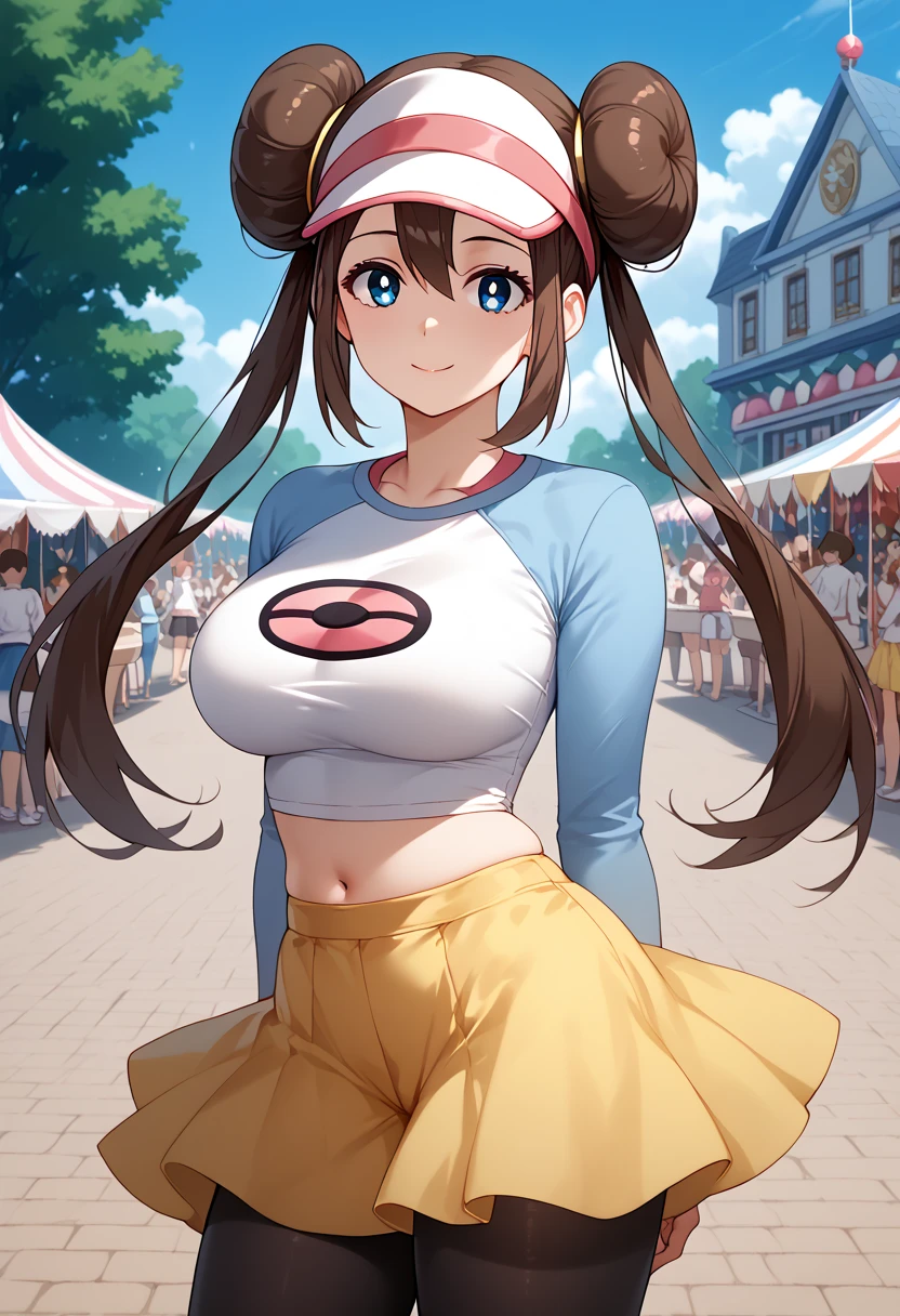 Perfect CG unity 8K UHD wallpaper, Perfect CG unity 8K UHD wallpaper, rosa, brown hair, double bun, doughnut hair bun, hair bun, blue eyes, hair between eyes, twintails, pantyhose, pantyhose under shorts, raglan sleeves, skirt, yellow skirt, white shirt, blue sleeves, long sleeves, visor cap, large breasts, outdoors, carnival, standing, untucked shirt, navel