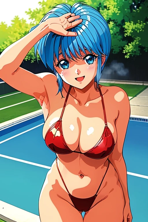 ((  best quality )),( super A high resolution ),(ultra-detailed),( Delicate depiction ),(( best CG )),(a masterpiece),Ultra-detailed art, the art of amazing depiction, Sparkling Eyes, (fine grain)、delicate beautiful eyes、( Beautiful breasts:1.1) 、

( red leather micro bikini)、The Art of Remarkable Depictions of 1 ************* 、Beautiful girl、
 blue hair、 short hair、 blue eyes、 blue eyes、 blue eyes、smile、smile、
Big School Pool 、(  cameltoe)、(( profuse sweat))、（ cowboy shot）(blush)