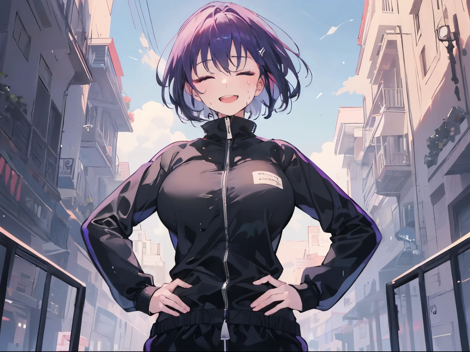 (Laughing face, big smile), 1 girl, upper body, (facing viewer, looking viewer), (closed eyes), (purple hair, straight hair, very short hair, large breast), (((black sweatsuit))), (promenade, outdoor), Sharp Focus, (Best Quality, masterpiece, detailed, facial focus), (solo shot), standing straight, ((waist)), sweat, standing straight, hand on hips