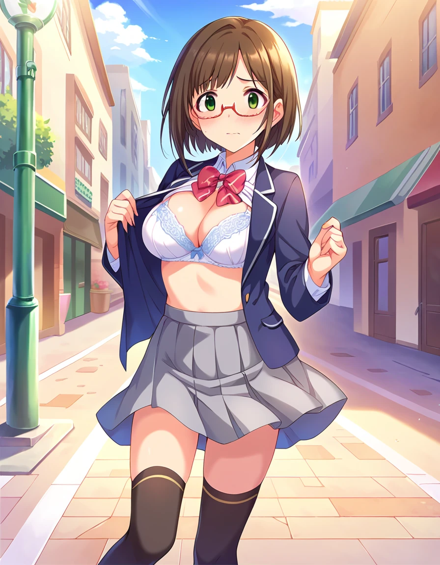 score_9, score_8_up, score_7_up, source_anime,
pinup of 1girl solo, embarrassed,open clothes,white bra,skirt lifted,
outdoors, street, lamppost, day, sunbeam, 
 mekwmk, short hair, brown hair, bangs, green eyes, large breasts, medium breasts, 
red eyewear, semi-rimless eyewear, school uniform, blazer jacket, bowtie, grey skirt, black thighhighs, zettai ryouiki, 
detailed eyes,