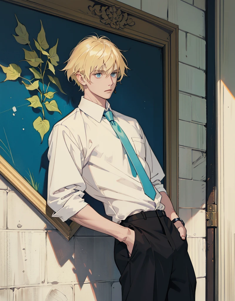 boy , blond,  medium length hair , wearing a short-sleeved white shirt tucked into black pants, Without a tie, the collar is unfastened , turquoise eyes, small ring earrings, stands straight 