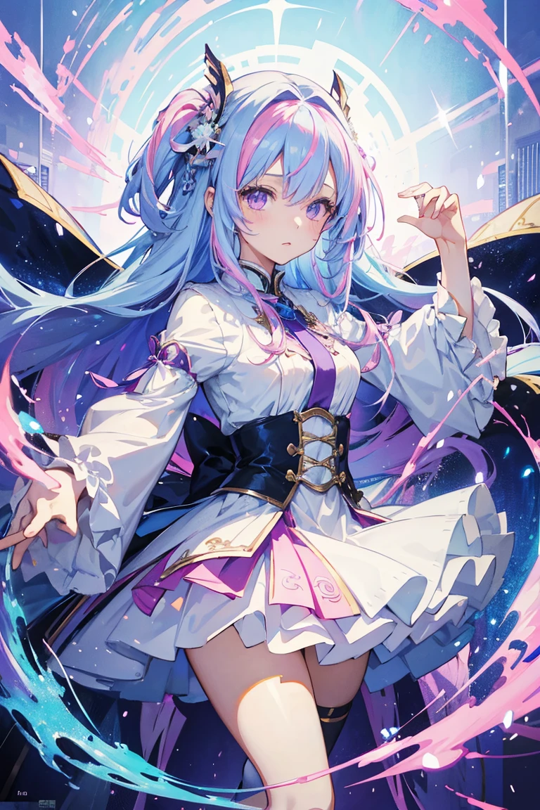 1girl, pink and light blue ((streaked hair)), highlights hair,, Splendid decoration， White High Heeled Overknee Shoes ，Beautiful background，  anime girl ，white skirt 　,　 purple eyes, Anime Goddess, 白-haired God, Extremely detailed official artwork, Portrait of the Maiden Knight of the Zodiac, The cute anime bride is wearing nice clothes,   detailed key animation art, ArtStation、 Pixiv's Popular Topics , Kushatt Krenz Key Art Women&#39;Clothing&#39;Clothing,  Epic Light Novel Art Cover, Zodiac Night Girl