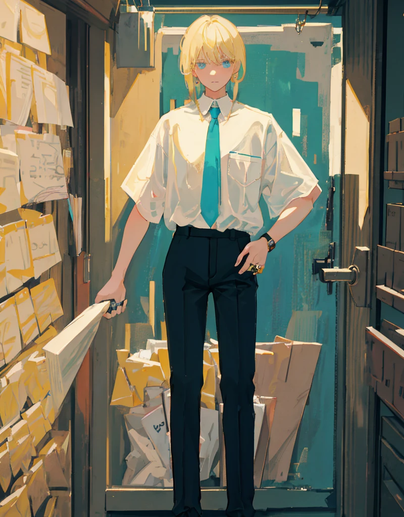 boy , blond,  medium length hair , wearing a short-sleeved white shirt tucked into black pants, Without a tie, the collar is unfastened , turquoise eyes, small ring earrings, stands straight 