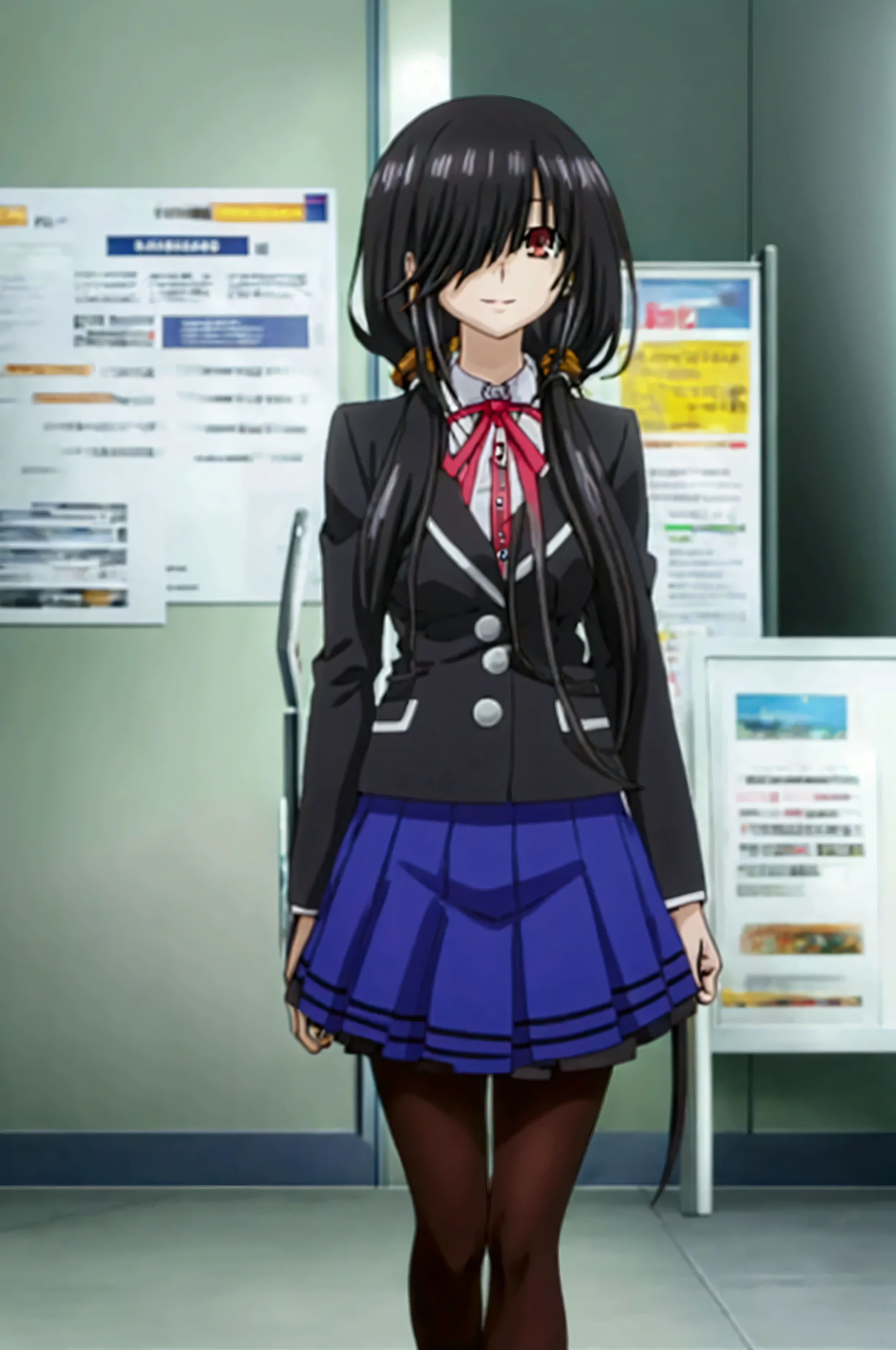 ultra-detailed,highly detailed,best quality,masterpiece,illustration,realistic, photo,photorealistic,
1girl, tokisaki kurumi,cosplay,hair over one eye, looking at viewer, happy girl,low twintails,
, blazer, collared shirt, neck ribbon, pleated skirt, pantyhose, hair rings, loafers,
indoors, walking, stairwell, 
