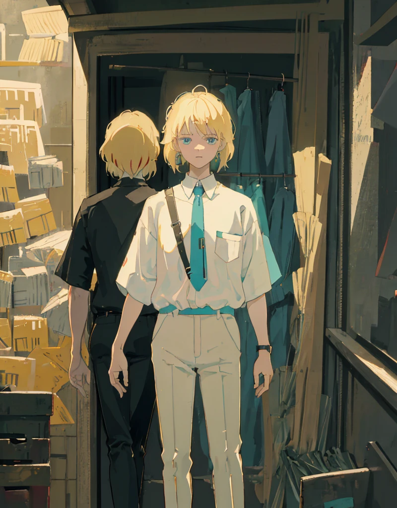 boy , blond,  medium length hair , wearing a short-sleeved white shirt tucked into black pants, Without a tie, the collar is unfastened , turquoise eyes, small ring earrings, stands straight 