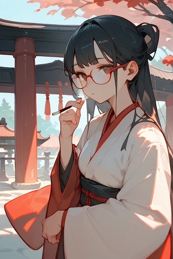  black hair,  long hair, Glasses,  red kimono, japanese shrine, Visiting a shrine, Smoking ,Illustration