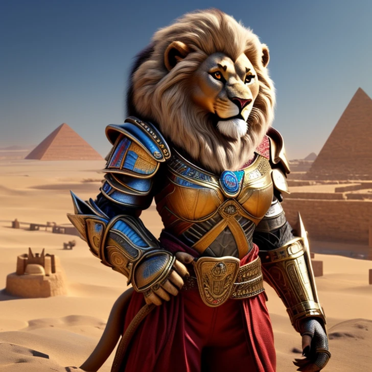 Masterpiece, High Resolution, Best Quality, High Details, HD, High Quality, anime style, Super Detailed, Fantasy, epic high fantasy artwork, animalfolk, solo creature alone. Anthro-animal NO HUMAN FEATURES.
{{(A 80-years-old adult-female Lion-humanoid:(she has: true female-lion-head, lion head, lion face, NO-HUMAN-FACE. female lion light-brown body-hair. brown fur. Lion golden eyes. female upper body. two legs lion legs. lion tail. claws. smiling very confident and honorable. has honorable demeanor. brave and heroic personality. she stands 1,92-meters-tall. she poses bravely wielding a longsword with both hands),(she wears: two silver shoulder armor plates. green african-styled shirt. red pants. silver knee armor.),(african desert. egyptian city. light-blue sky. sunny day.))}}