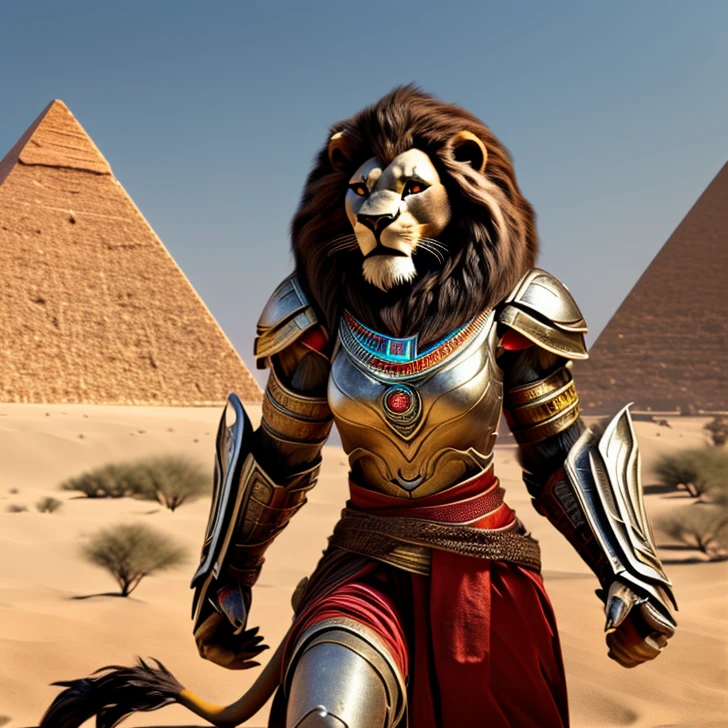 Masterpiece, High Resolution, Best Quality, High Details, HD, High Quality, anime style, Super Detailed, Fantasy, epic high fantasy artwork, animalfolk, solo creature alone. Anthro-animal NO HUMAN FEATURES.
{{(A 80-years-old adult-female Lion-humanoid:(she has: true female-lion-head, lion head, lion face, NO-HUMAN-FACE. female lion light-brown body-hair. brown fur. Lion golden eyes. female upper body. two legs lion legs. lion tail. claws. smiling very confident and honorable. has honorable demeanor. brave and heroic personality. she stands 1,92-meters-tall. she poses bravely wielding a longsword with both hands),(she wears: two silver shoulder armor plates. green african-styled shirt. red pants. silver knee armor.),(african desert. egyptian city. light-blue sky. sunny day.))}}