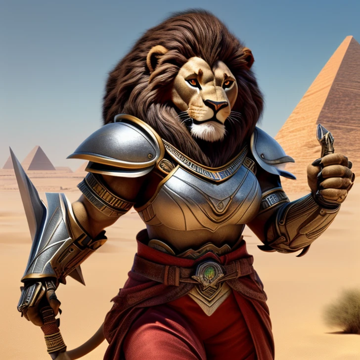 Masterpiece, High Resolution, Best Quality, High Details, HD, High Quality, anime style, Super Detailed, Fantasy, epic high fantasy artwork, animalfolk, solo creature alone. Anthro-animal NO HUMAN FEATURES.
{{(A 80-years-old adult-female Lion-humanoid:(she has: true female-lion-head, lion head, lion face, NO-HUMAN-FACE. female lion light-brown body-hair. brown fur. Lion golden eyes. female upper body. two legs lion legs. lion tail. claws. smiling very confident and honorable. has honorable demeanor. brave and heroic personality. she stands 1,92-meters-tall. she poses bravely wielding a longsword with both hands),(she wears: two silver shoulder armor plates. green african-styled shirt. red pants. silver knee armor.),(african desert. egyptian city. light-blue sky. sunny day.))}}