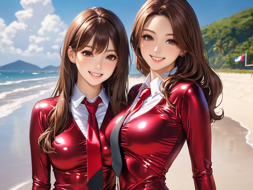  2 girls in extremely tight shiny dark red metallic blouse buttoned,Necktie, high resolution ,  masterpiece, volumizing hair, Pointed hair ,  brown hair , Breasts, smile, Lens reflection, Reflected light, are on the beach, Play volleyball 