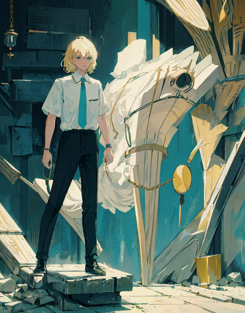 boy , blond,  medium length hair , wearing a short-sleeved white shirt tucked into black pants, Without a tie, the collar is unfastened , turquoise eyes, small ring earrings, stands straight 