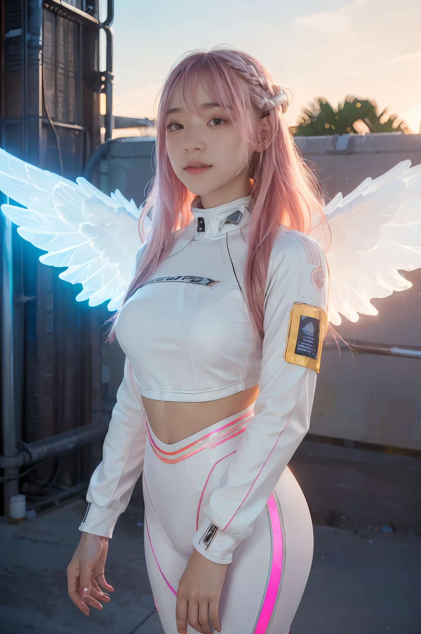 ((masterpiece, best quality, extremely detailed), volumetric lighting, ambient occlusion, colorful, glowing), 
1girl, solo, young girl, (pink hair), long hair, halo, aura, sacred, godness, cyber suit, (white outfit:1.3), android, bot, angel wings,
outdoors, sunset, sky, clouds, space, (cyberpunk theme:1.2),