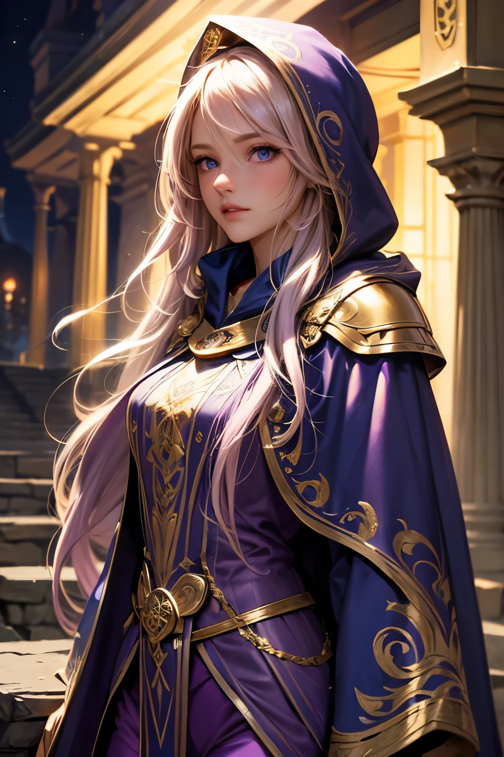 A beautiful girl, long hair, blonde hair, (detailed face: 1.4), (dressed in a blue cloak, hood covering the face), blue eyes, perfect nose, pink lips, (purple shirt with gold drawings), medium breasts, (purple pants with gold drawings), (full body), (standing on a stone), at night, cliff, flashes of light,