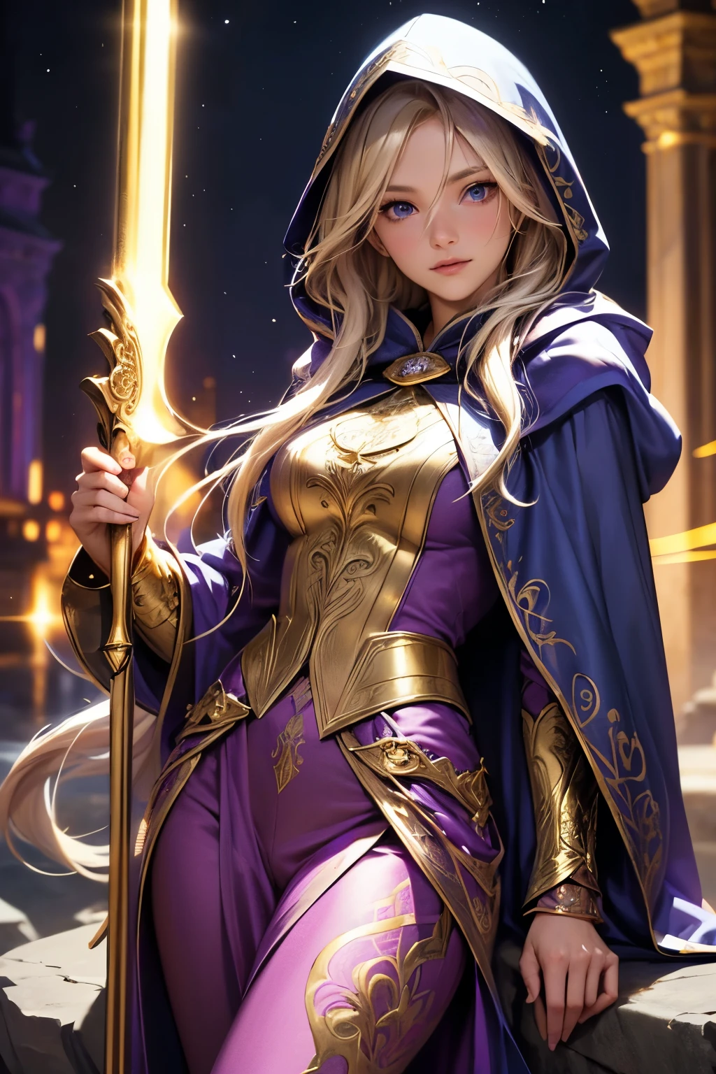 A beautiful girl, long hair, blonde hair, (detailed face: 1.4), (dressed in a blue cloak, hood covering the face), blue eyes, perfect nose, pink lips, (purple shirt with gold drawings), medium breasts, (purple pants with gold drawings), (full body), (standing on a stone), at night, cliff, flashes of light,