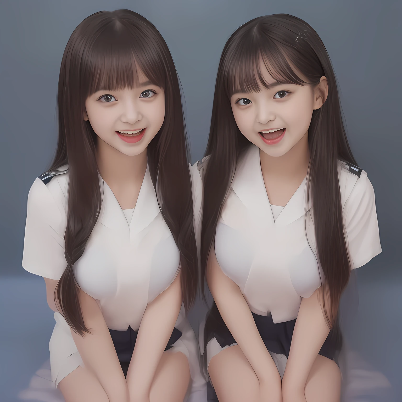 (Highest quality, masterpiece:1.2), Highest quality, High resolution, 1080P, 8k, (Two Japanese beautiful girl idols are seated and give strong subliminal sexual invitation and temptation, undressing navy uniform, cute skirt with beautiful knees, looking at the viewer, can't stop showing cute smile open mouth because of feeling the viewer too ridiculous, very white-white face, very proud of her long straight black hair, using face-whitening cosmetics, 14yol's eyes, opened laughing giggling most open mouth, too expensive navy sailor-styled school uniform, well-straitened super-long well-trimmed long hair, evenly neatly trimmed girly cute bangs: 1.5), (Laughing blushed cheeks with dimples), (Well-balanced, impressive, very intelligent, double-eyelids, black shining large eyes of 14yo youdol with detailed: 1.5), ((Beautiful well-figured glossy opened laughing lips: 1.2)), (mature breast), (The viewer can't stop madly kissing them because of her beauty and subliminal strong invitation), (Very beautiful, super-glossy, cute neat black amazingly long hair, straight well-done long hair-style: 1.3), (plain blue background: 1.6), (((Completely balanced beautiful big cool eyes, looking coldly at me!: 1.3))), (eyes, face and hair are especially beautifully detailed and beautifully drawn: 1.5), (The soft white light clearly shows her face extremely white: 1.2), (the viewer become crazy and can't stop bursting and running every liquid to her body: 1.7), (School uniform, too-cute slender 14yo super-lhair Japanese beautiful-young-girl idol twins are laughing at me and undressing me, super-widely open laughing mouth, everything is girly, neat and too beautiful: 1.6), (Super long hair 14yo super-cute- navy-sailor-suit school-uniform pretty young idol of school idol photo magazine, is undressing the viewer, height: 158cm: 2.1), (Inevitable subliminal invitation and temptation to the eternal deep deep unreal pleasure of girl's voice of laughter and ridicule: 2.0)