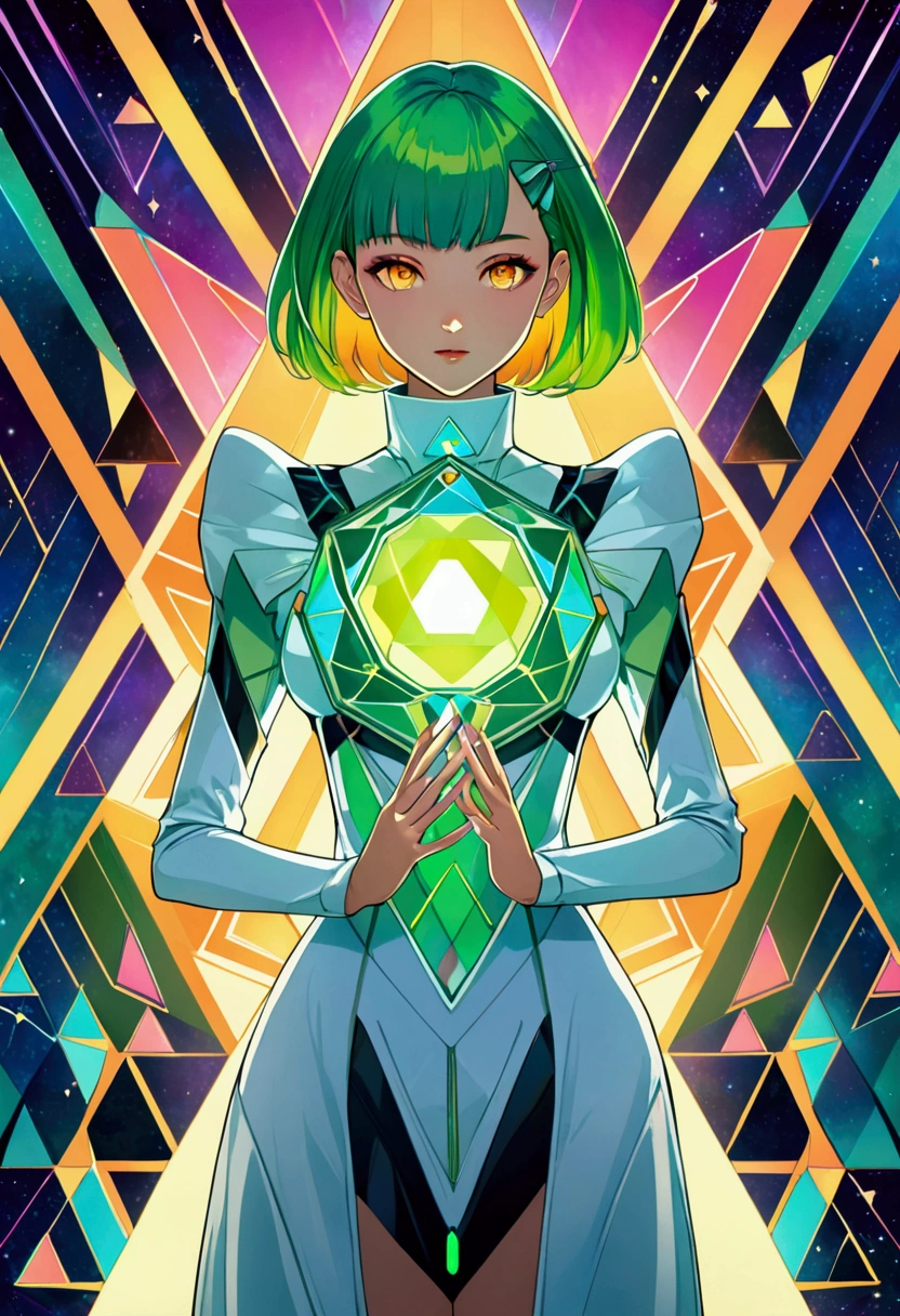 “A high-quality, colorful illustration of a futuristic anime-style girl. The girl has short, multi-colored hair with vibrant hues of green, yellow, and orange, and expressive, glowing eyes that sparkle with geometric patterns. She is holding her hands near her chest, framing a necklace-like object with circular, glowing jewels that emit a soft light. Her outfit is a blend of modern and futuristic styles, featuring a sleek, high-collar design with bright and reflective materials. The background is filled with a kaleidoscope of abstract, translucent triangles in various colors, creating a dynamic and whimsical atmosphere. The overall art style is delicate, vibrant, and highly detailed, with a focus on light and color contrast.”