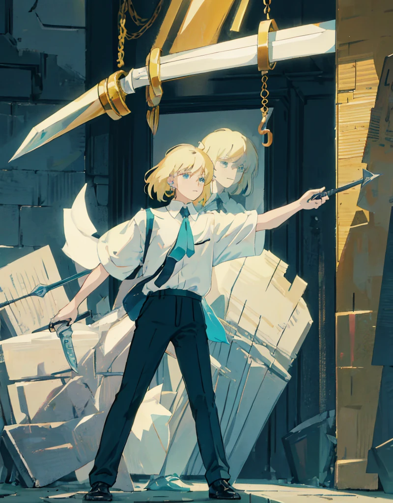 boy , blond,  medium length hair , wearing a short-sleeved white shirt tucked into black pants, Without a tie, the collar is unfastened , turquoise eyes, small ring earrings, stands straight, black sword