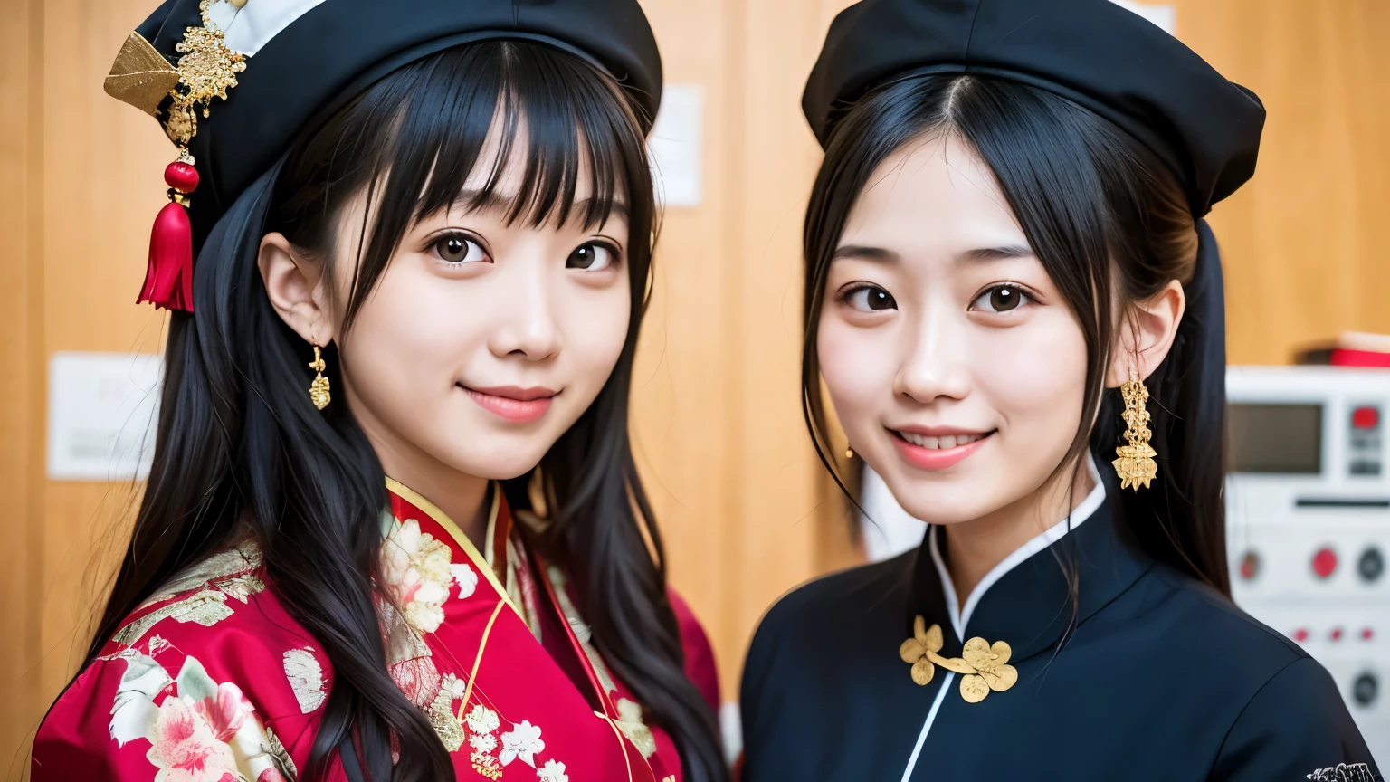 two girls, 25 years old, dressed in traditional outfits, Chinese, standing smiling next to each other, art, high resolution quality, 4k 