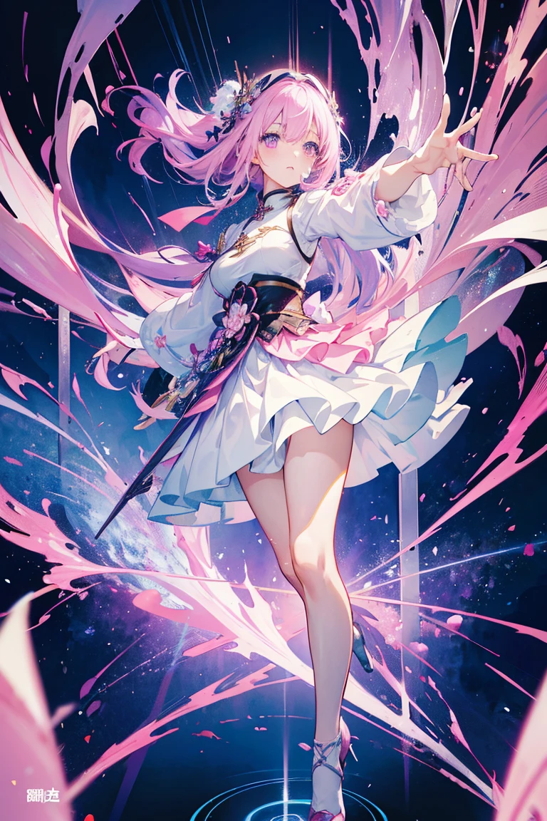 1girl, pink and light blue ((streaked hair)), highlights hair,, Splendid decoration， White High Heeled Overknee Shoes ，Beautiful background，  anime girl ，white skirt 　,　 purple eyes, Anime Goddess, 白-haired God,  Extremely Exquisite Official Artwork ,  Portrait of the Maiden of the Chinese Zodiac ,  A Cute Anime Wife Wears Nice Clothes,   Detailed Key Animation Art , ArtStation、 Pixiv's Popular Topics , Kushatt Krenz Key Art Women&#39;Clothing&#39;Clothing,  Epic Light Novel Art Cover , Zodiac Night Girl