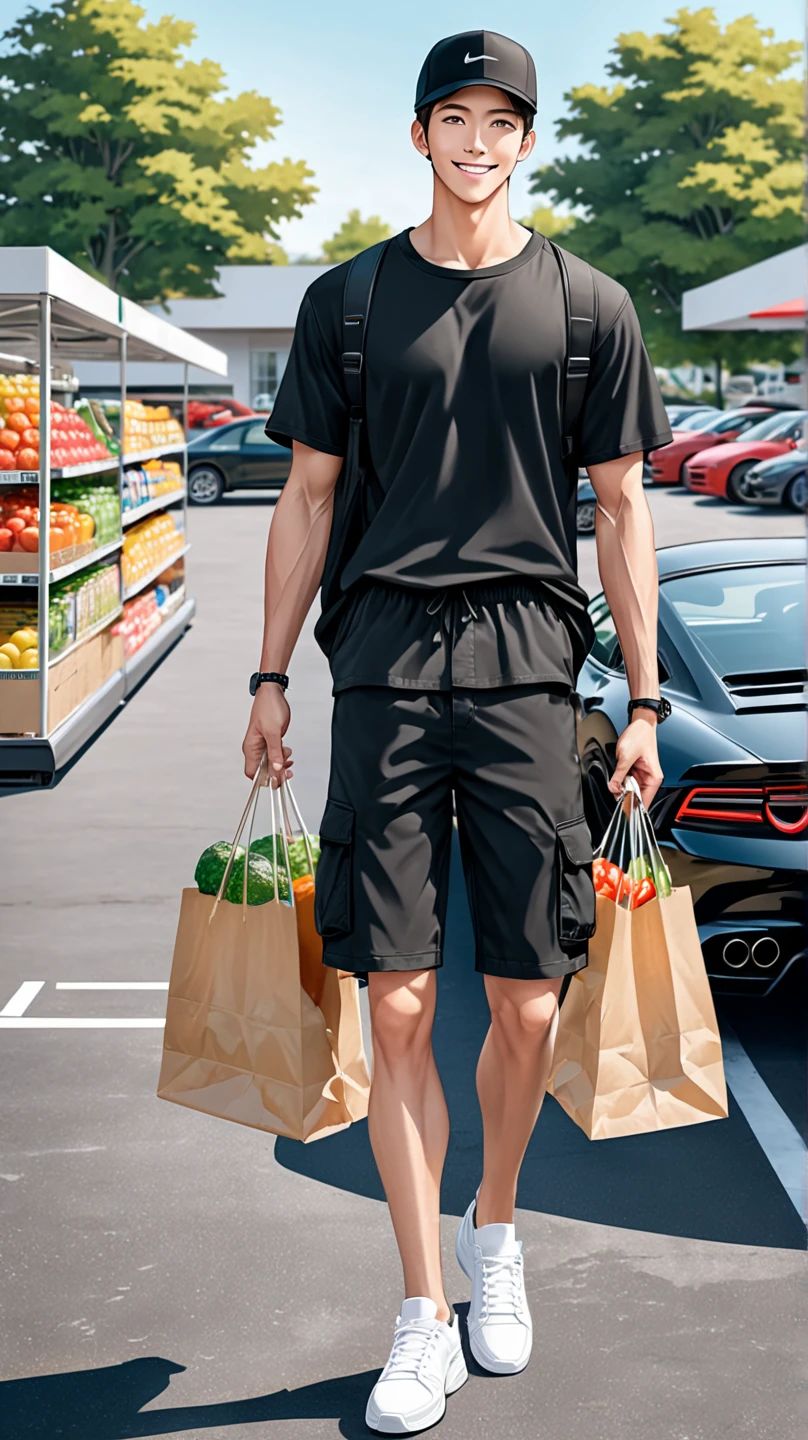 Realistic Anime style 1 handsome guy, wearing black plain cap, black shirt and black cargo short white sneaker ,holding grocery bags on 2 hands smiling, full body shot, accurate prompt details, no blurry, perfect eyes, standing beside his black sports car in the parking lot of the grocery store, no bag on back