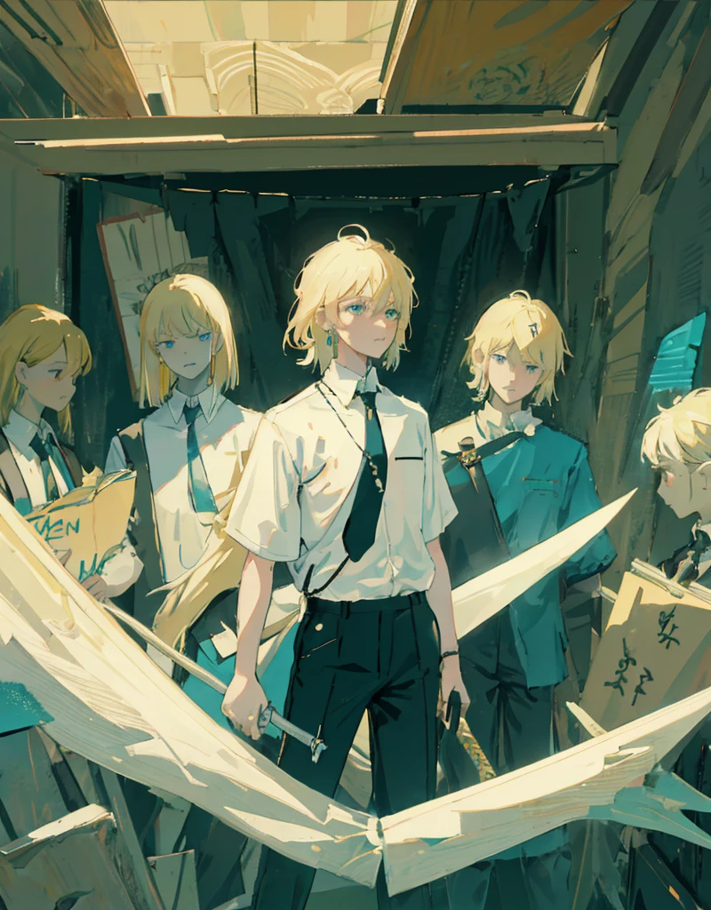 boy , blond,  medium length hair , wearing a short-sleeved white shirt tucked into black pants, Without a tie, the collar is unfastened , turquoise eyes, small ring earrings, stands straight, black sword,  detailed face