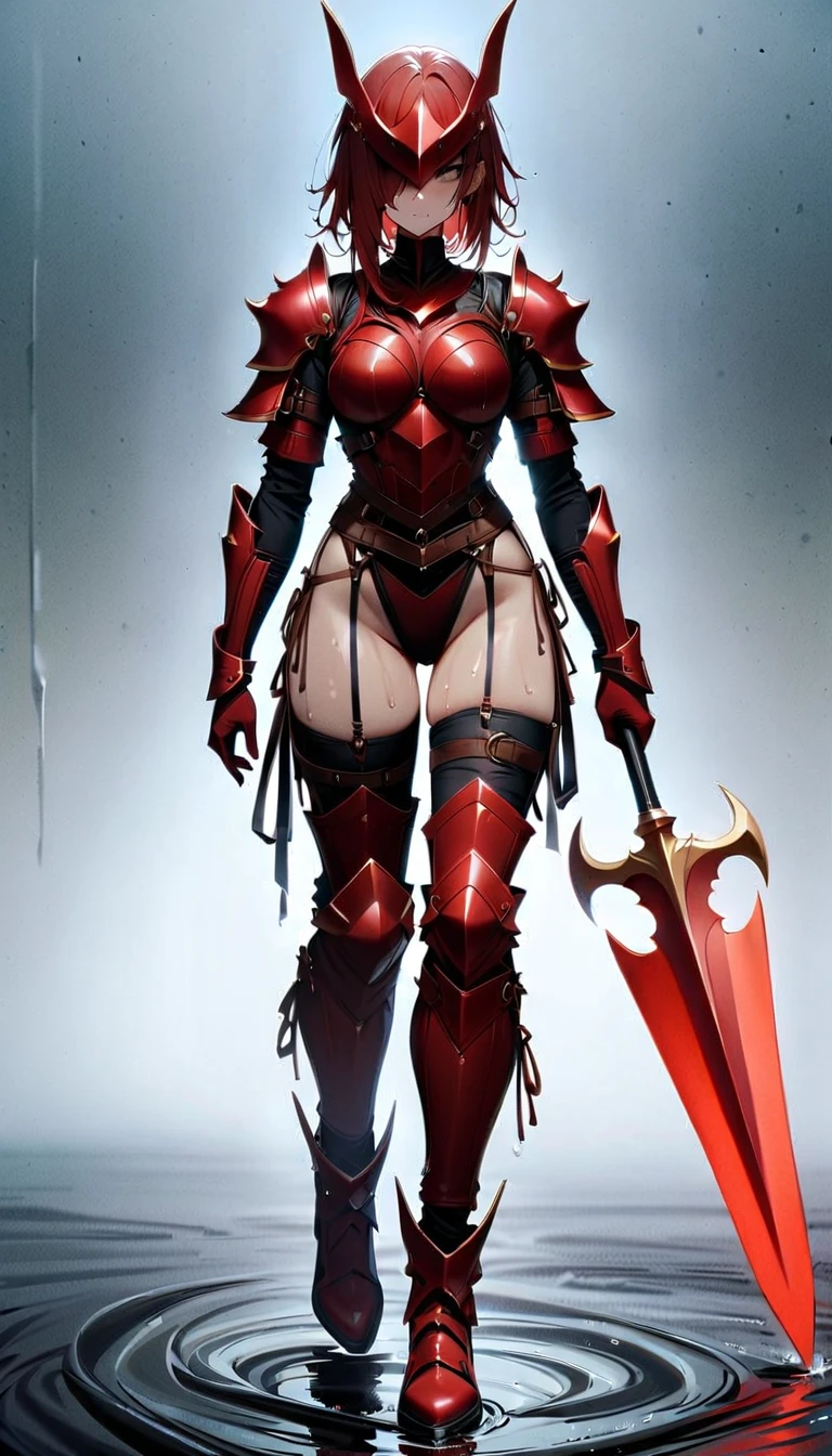 Red Hair, armor, Axe wielder, tall, Full body side view, View Viewer, Pure white background