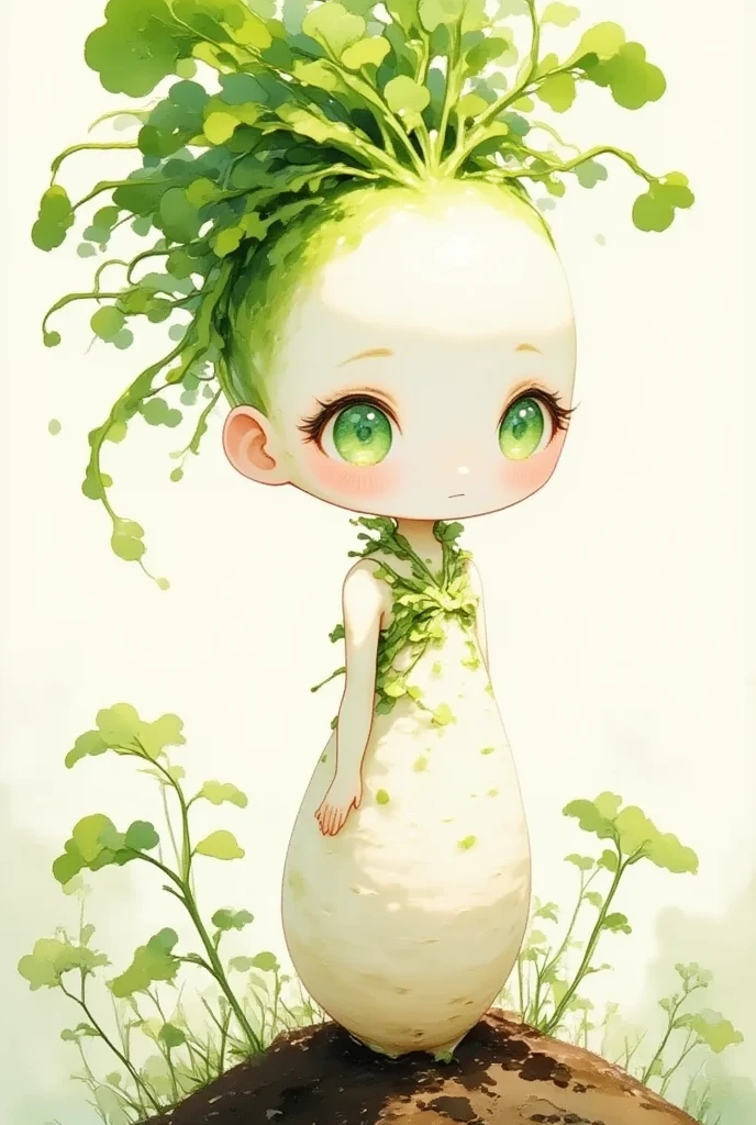 土の中に立っている、緑の葉の髪をした cute大根の女性, cute daikon woman with green leaf hair standing in the soil , cute, beautiful