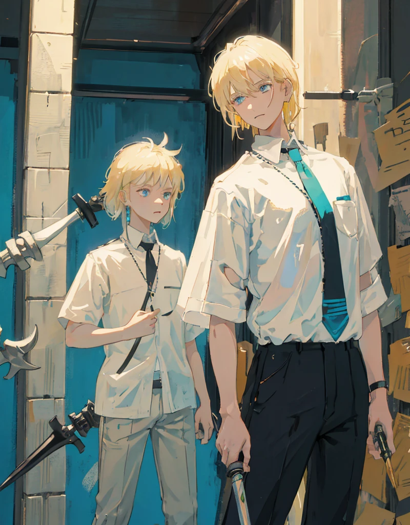 boy , blond,  medium length hair , wearing a short-sleeved white shirt tucked into black pants, Without a tie, the collar is unfastened , turquoise eyes, small ring earrings, stands straight, black sword,  detailed face